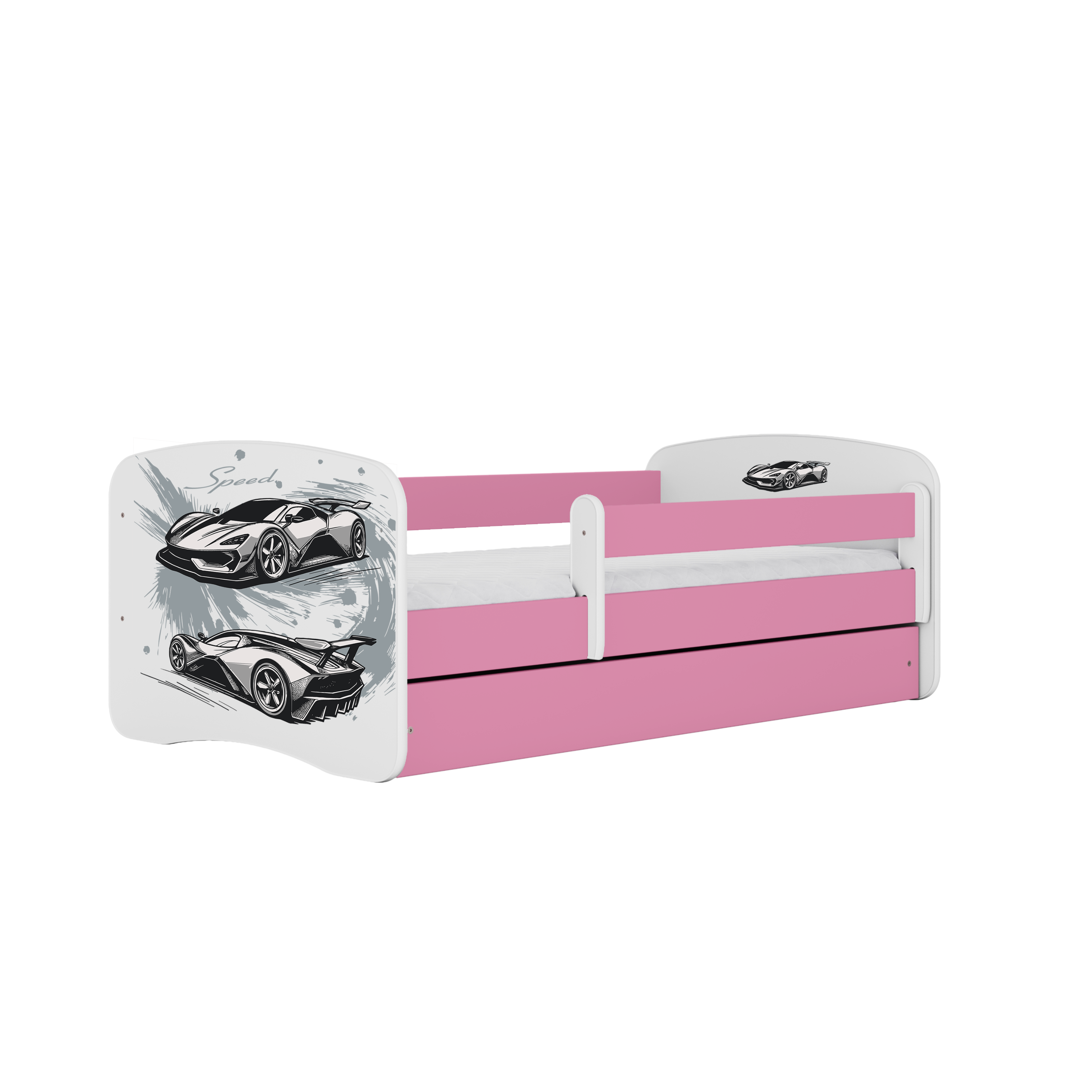Lit enfant rose, motif voiture de sport