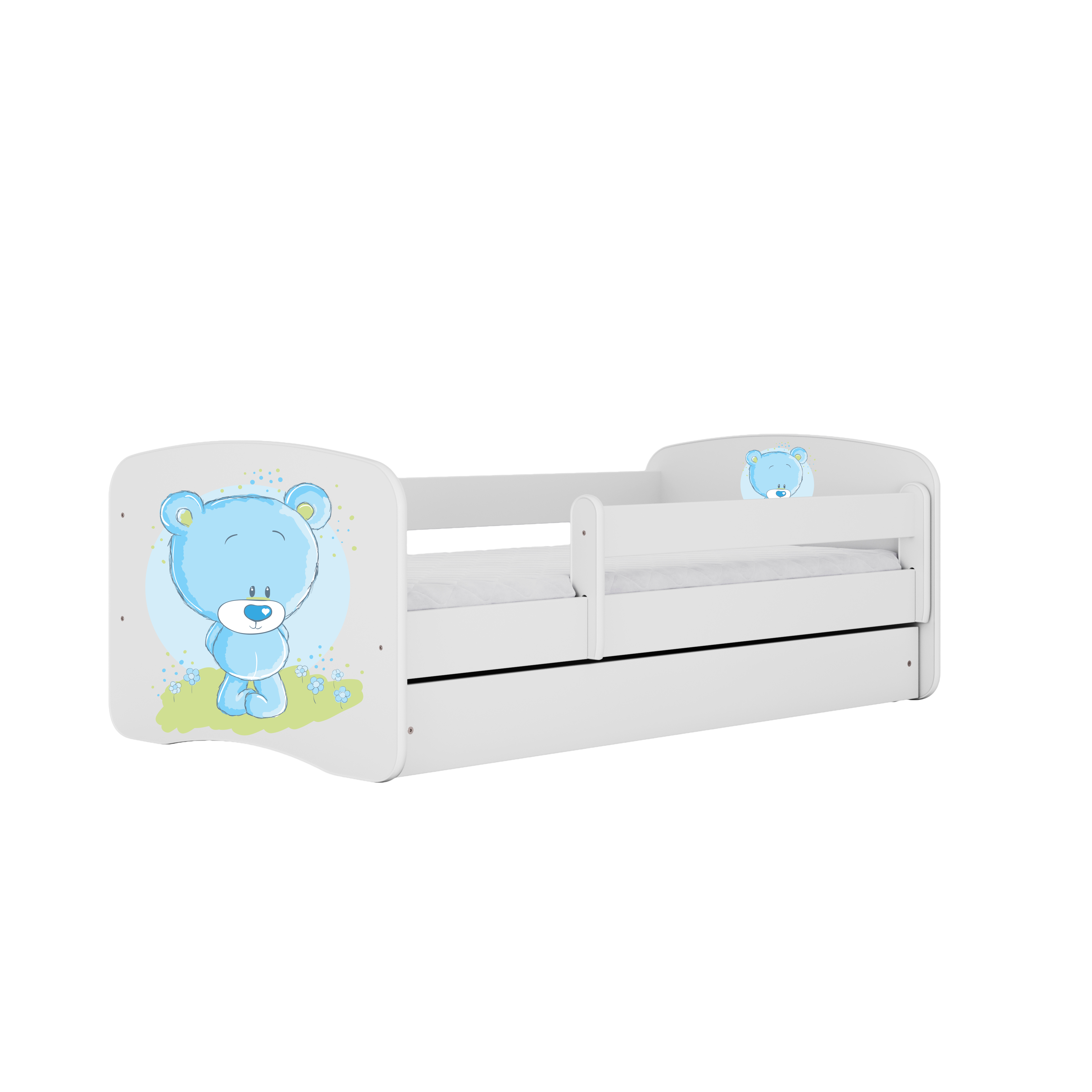 Lit enfant blanc, motif ourson bleu et fleurs