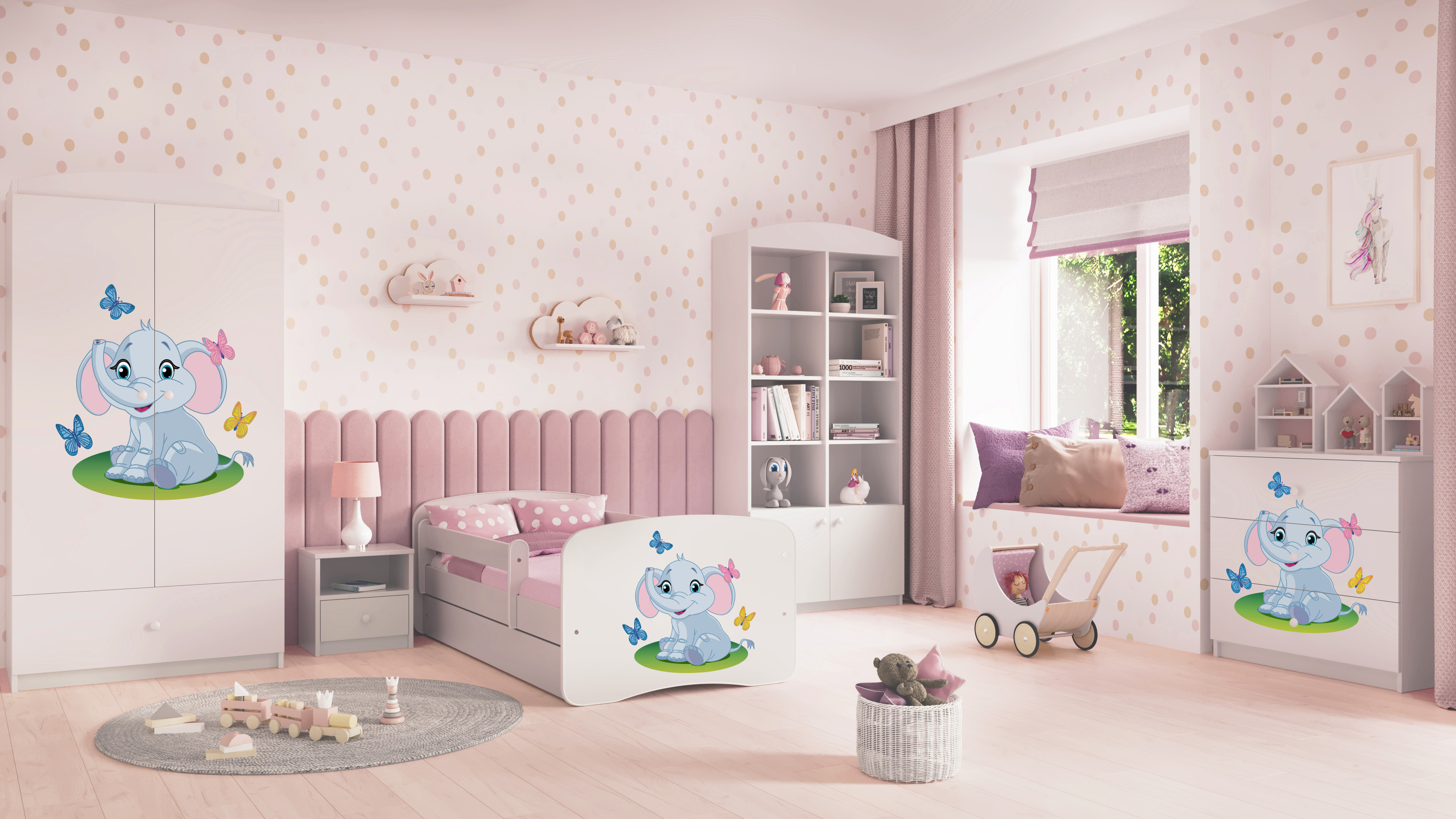 Lit enfant blanc, motif éléphant