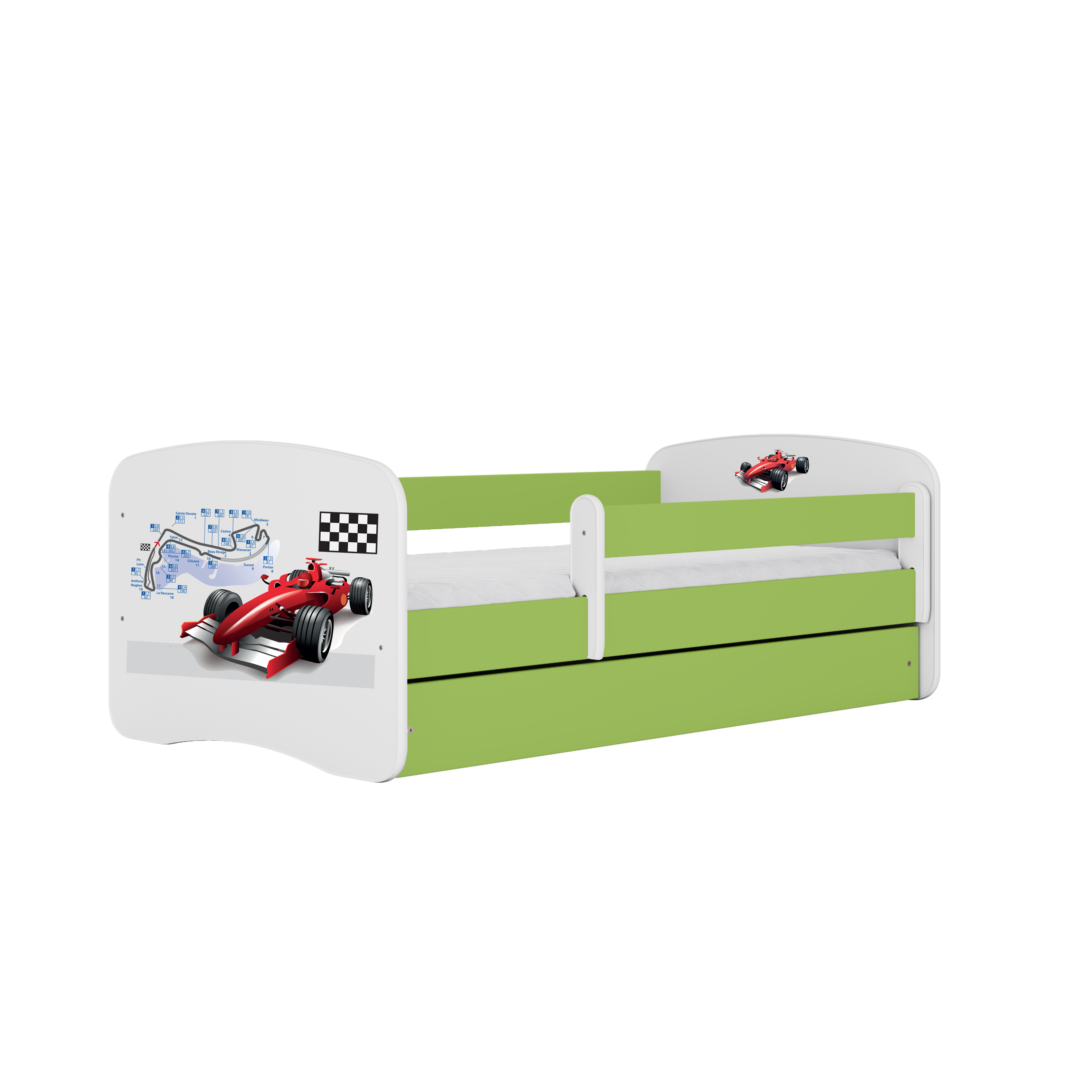 Lit enfant vert, motif Formule 1