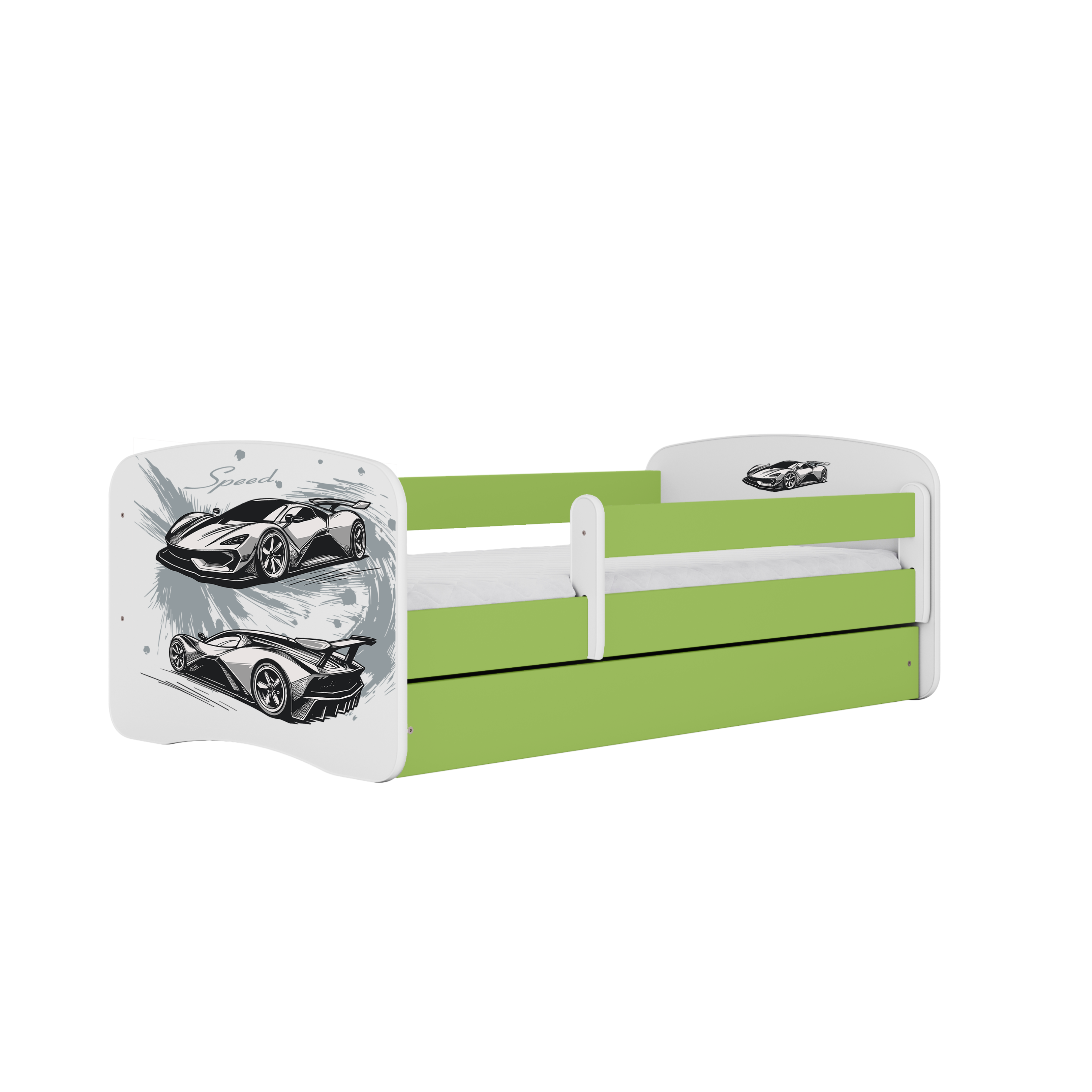 Lit enfant vert, motif voiture de sport
