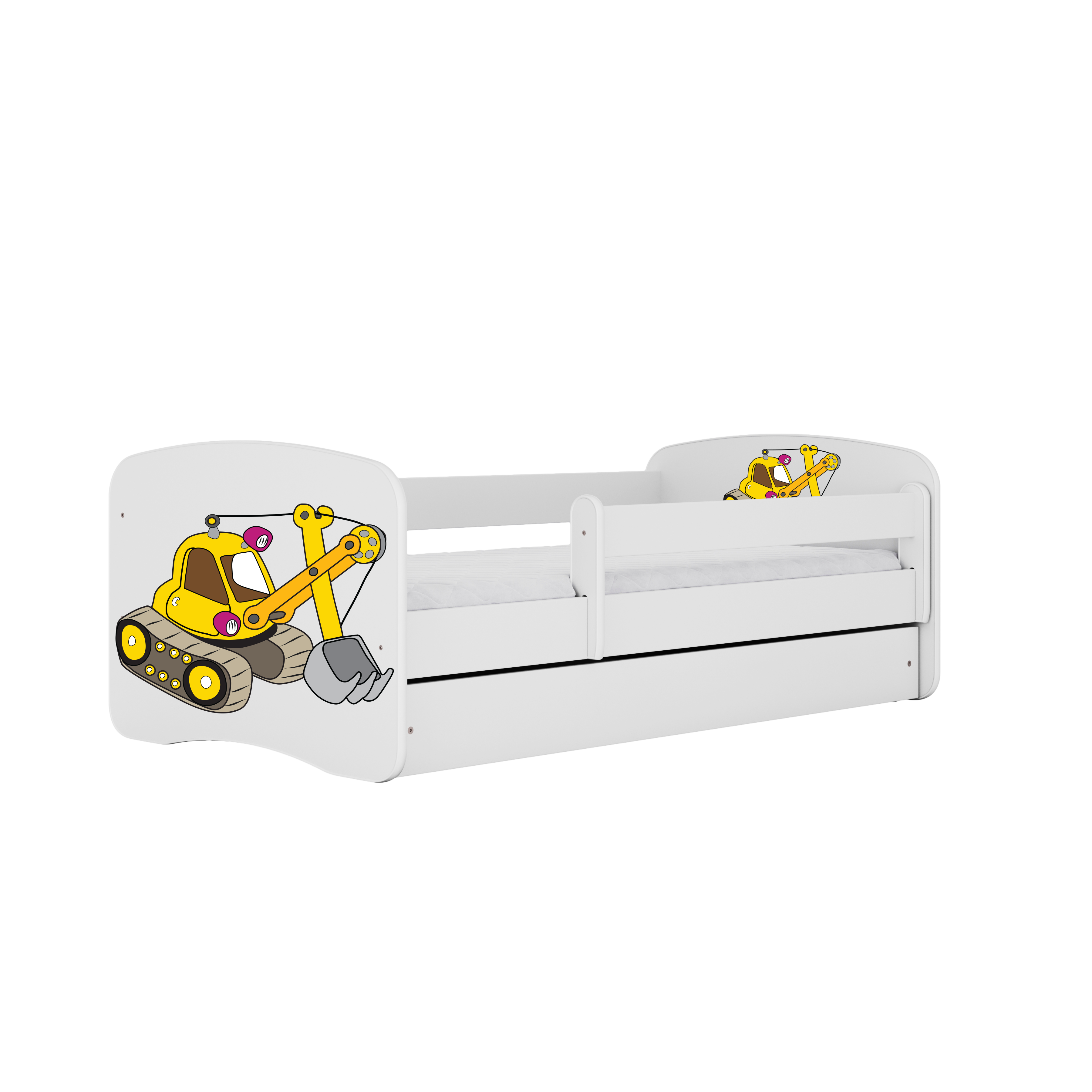 Lit enfant blanc, motif pelleteuse