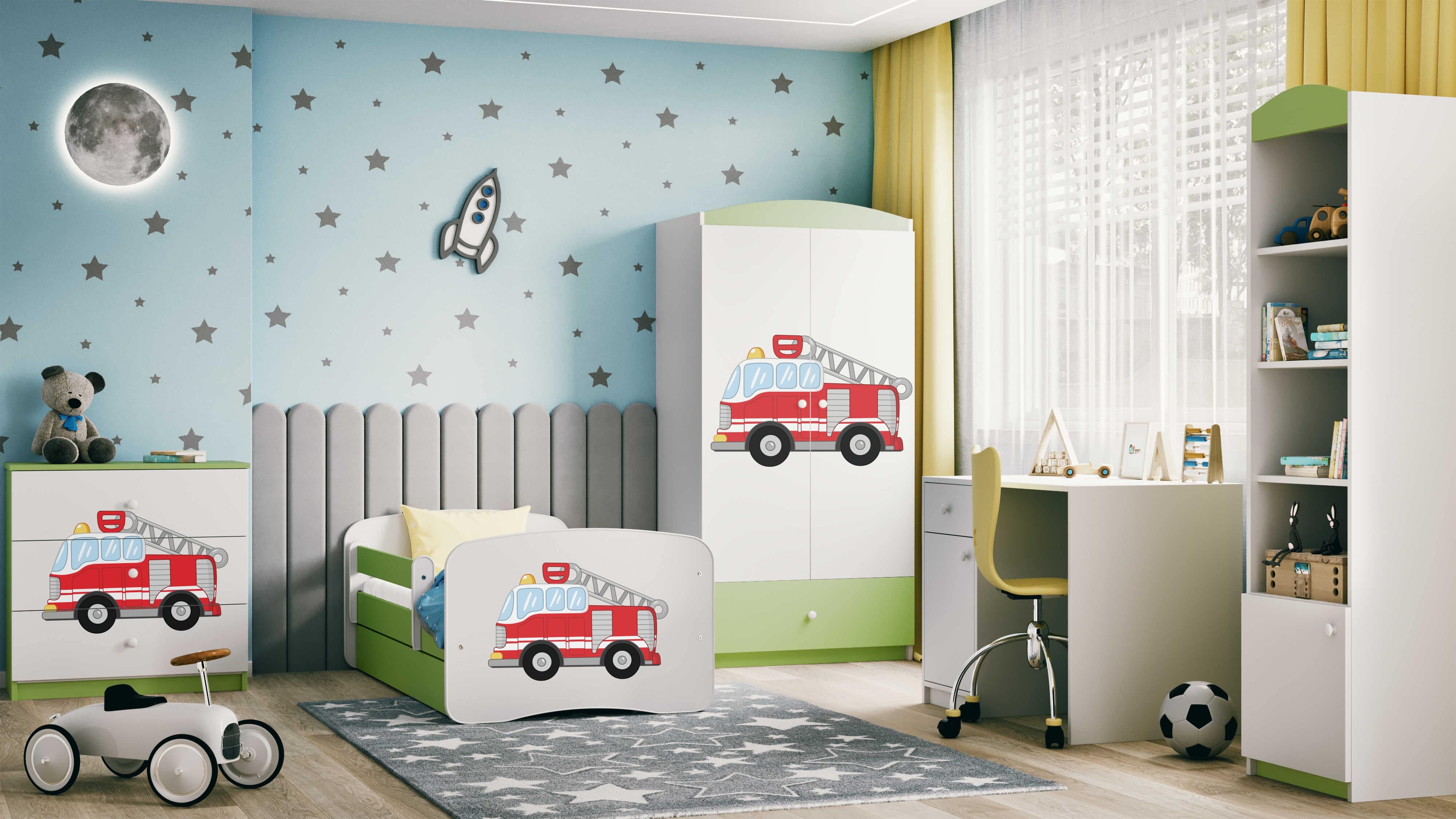Lit enfant vert, motif camion de pompiers