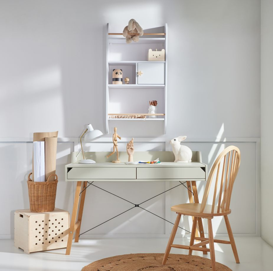 Bureau enfant blanc, bois clair et noir