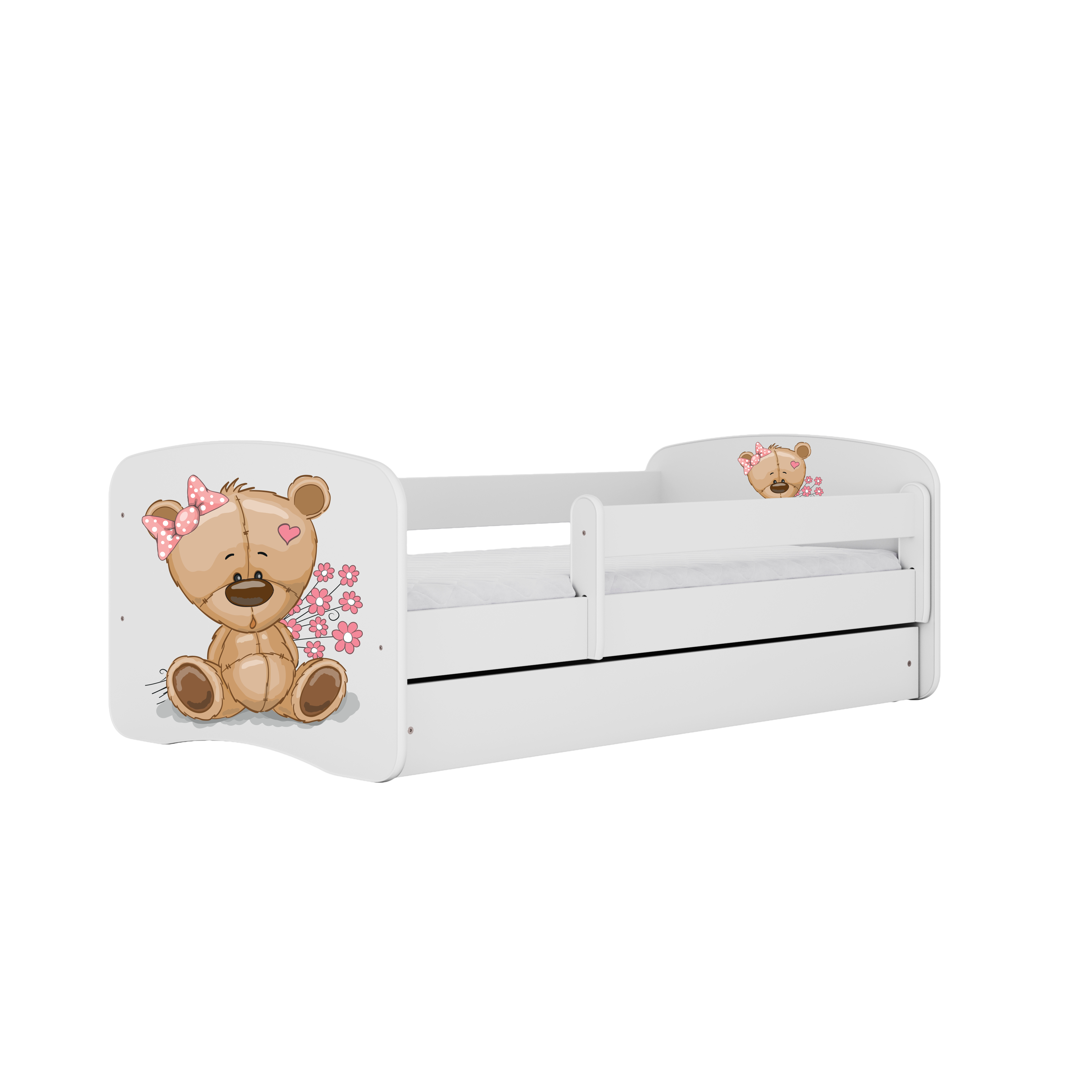 Lit enfant blanc, motif ourson et fleurs