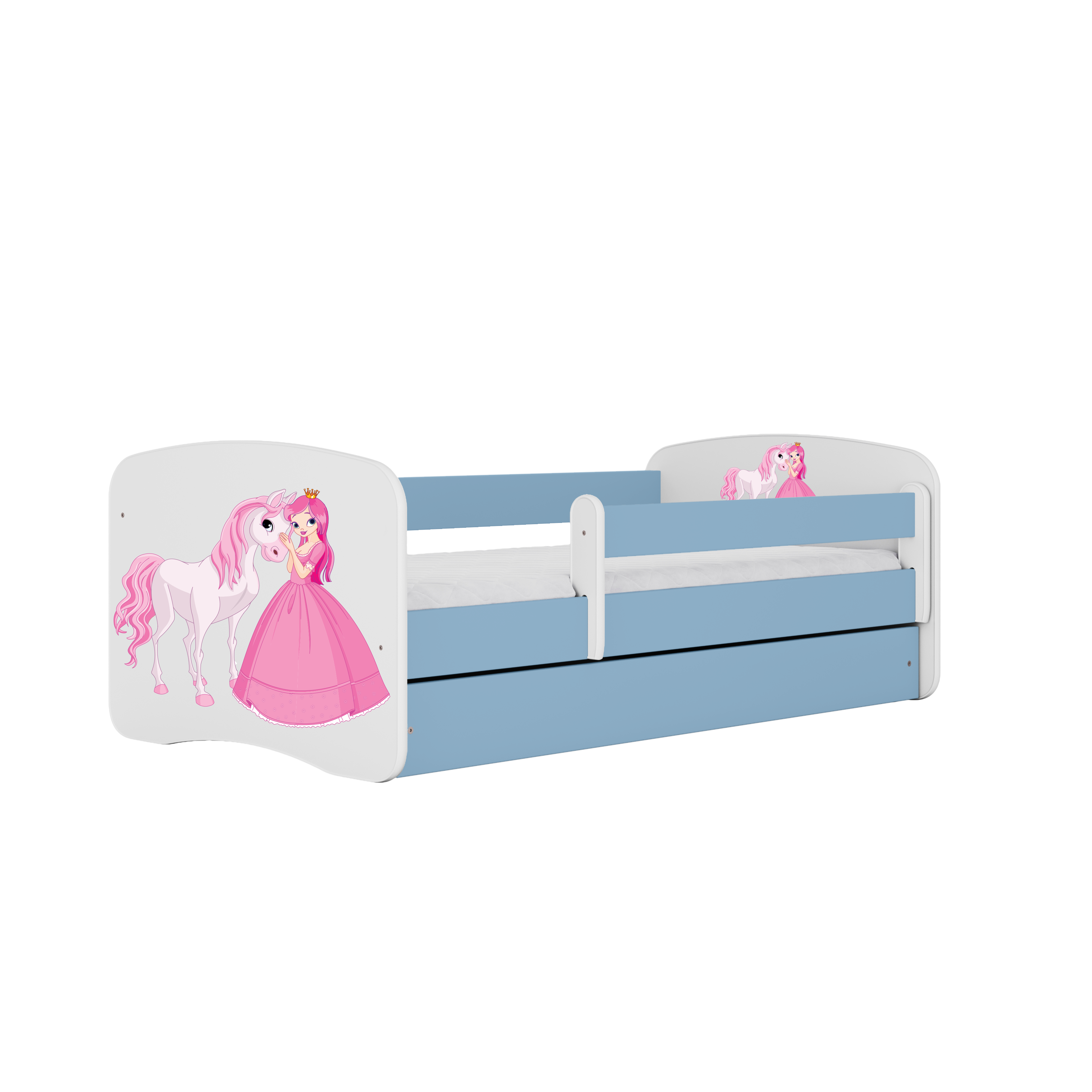 Lit enfant bleu, motif princesse et cheval