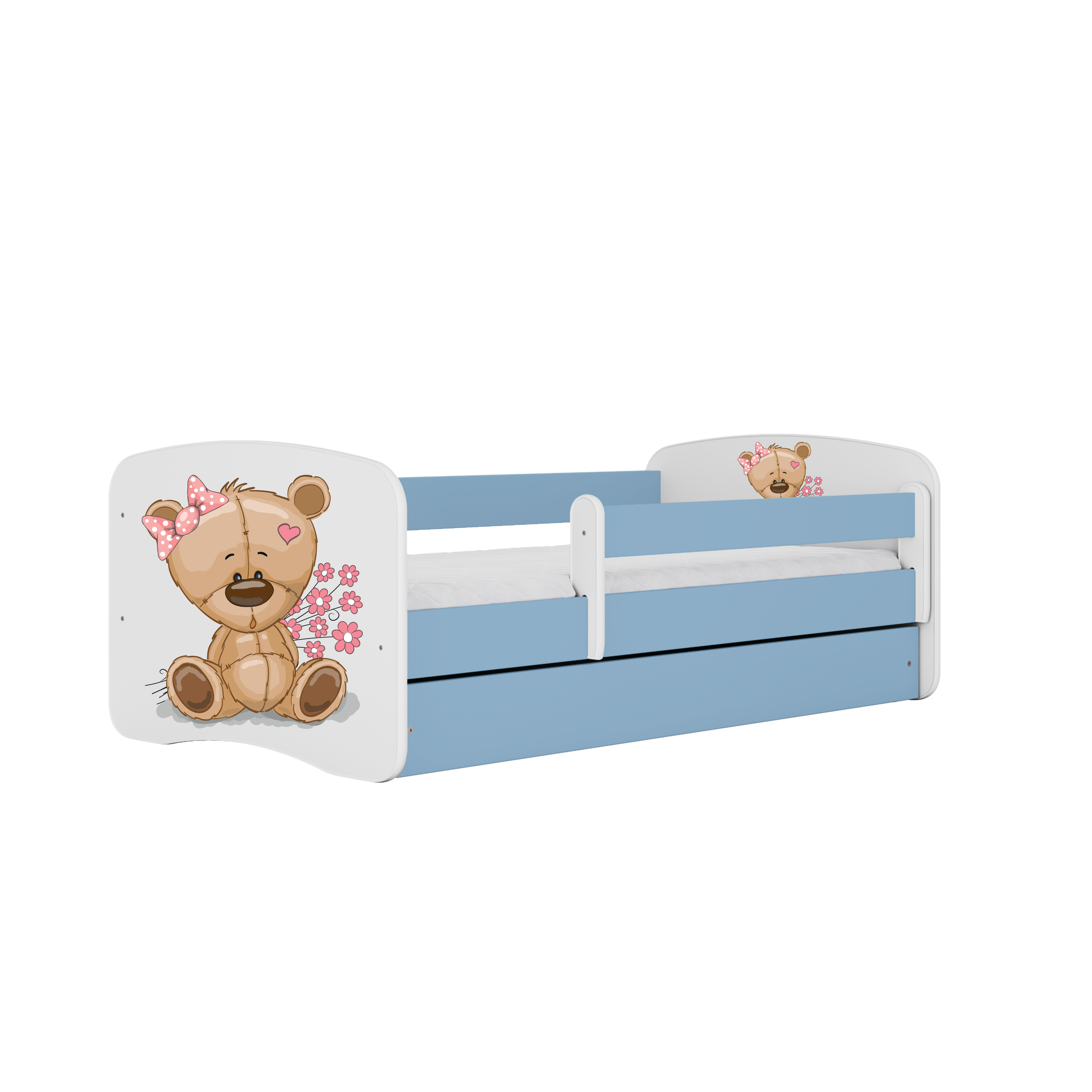 Lit enfant bleu, motif ourson et fleurs