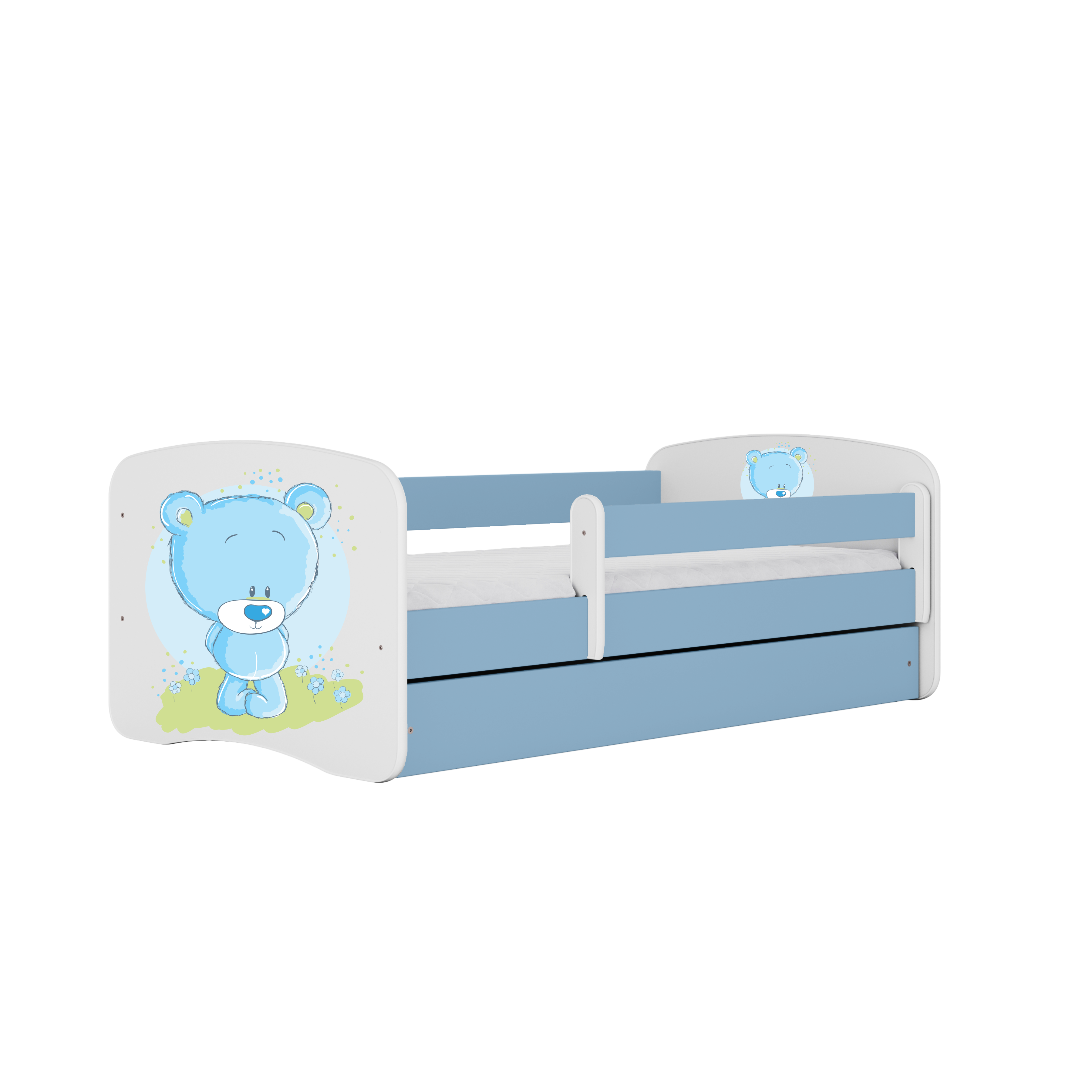 Lit enfant bleu, motif ourson bleu et fleurs