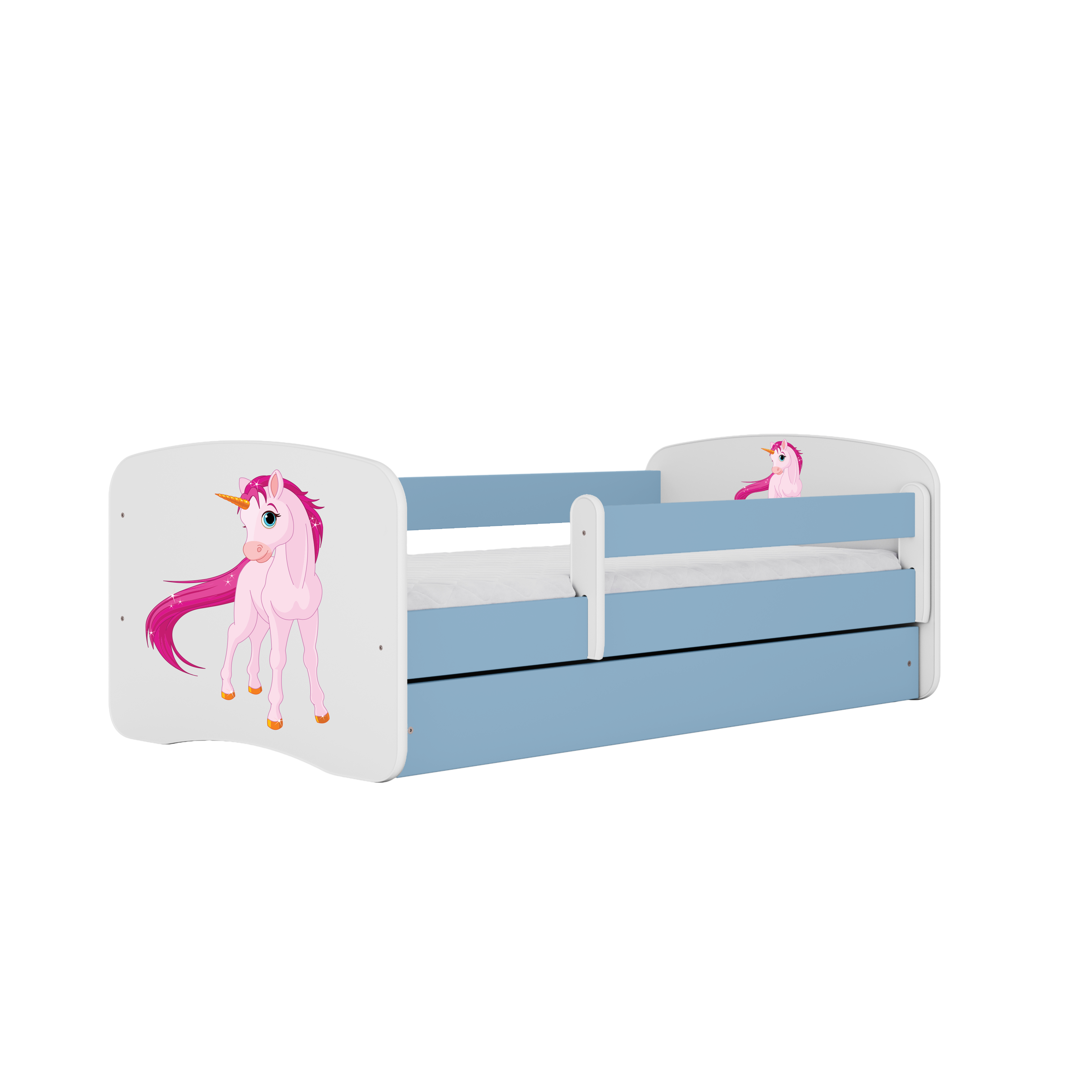 Lit enfant bleu, motif licorne