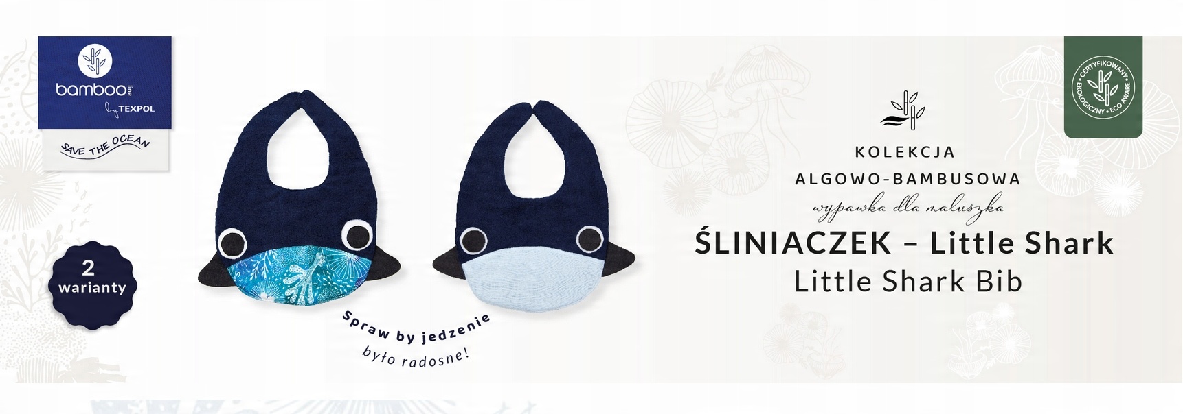 Śliniak Bawełniany Bambusowy Dla Dzieci Mały Rekin Na Zatrzask Niebieski