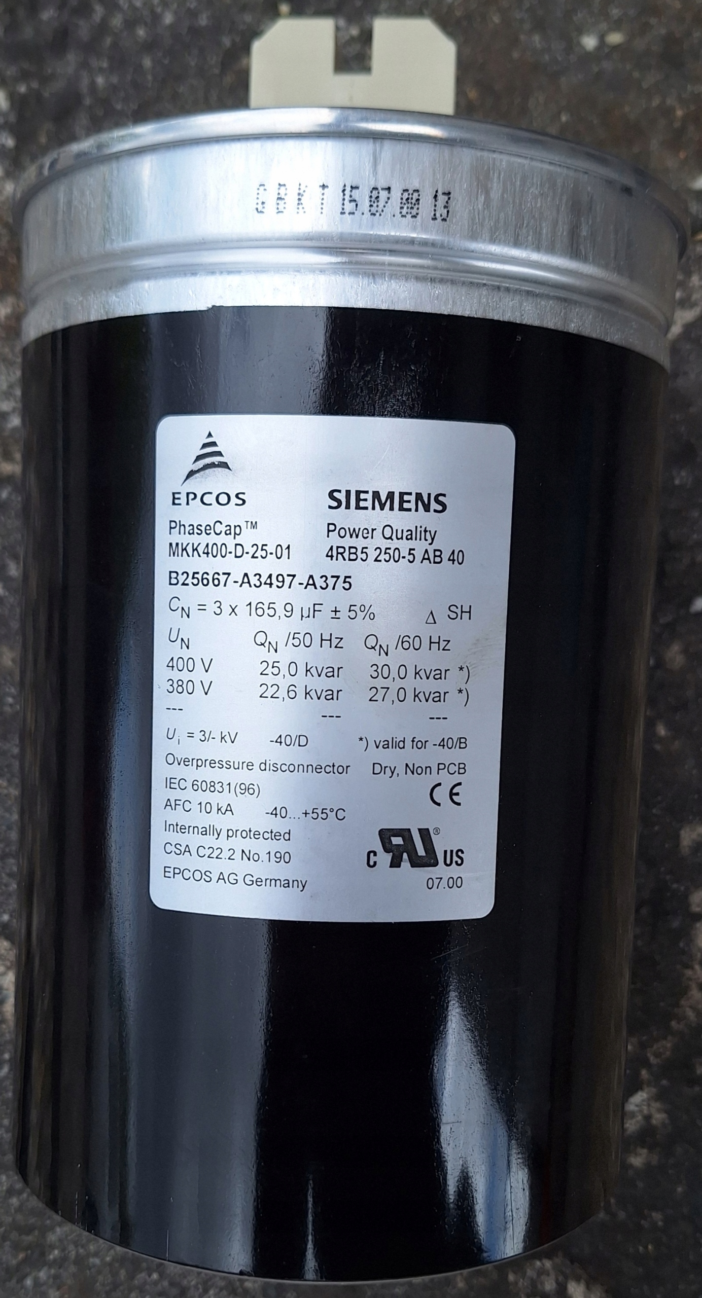 Siemens EPCOS PhaseCap MKK400-D-25-01 25 kVAr 400 VAC 3-Phase