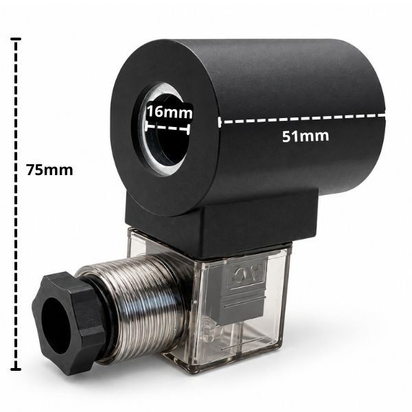 Solenoid coil with lowering valve 220V AC / 16mm – component dimensions