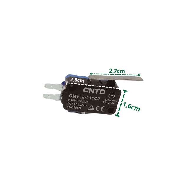 Mikroprzełącznik CMV10 – widok produktu (długość korpusu: 2,8 cm, wysokość korpusu: 1,6 cm, długość dźwigni: 2,7 cm)