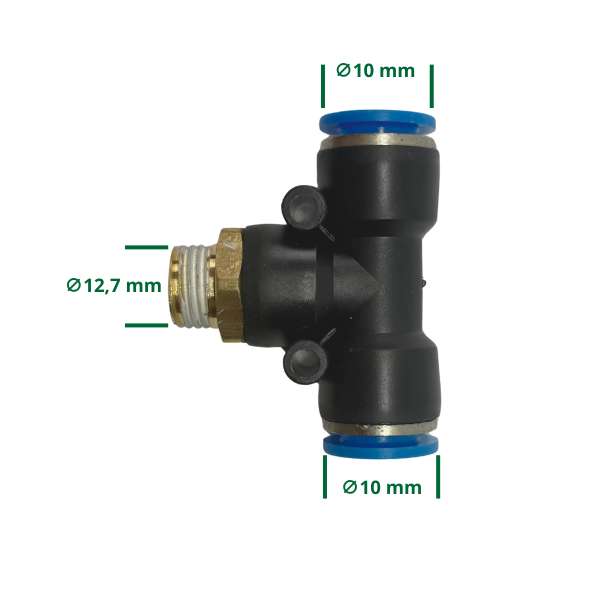 Złączka pneumatyczna T z gwintem 12,7 mm i przyłączami 10 mm
