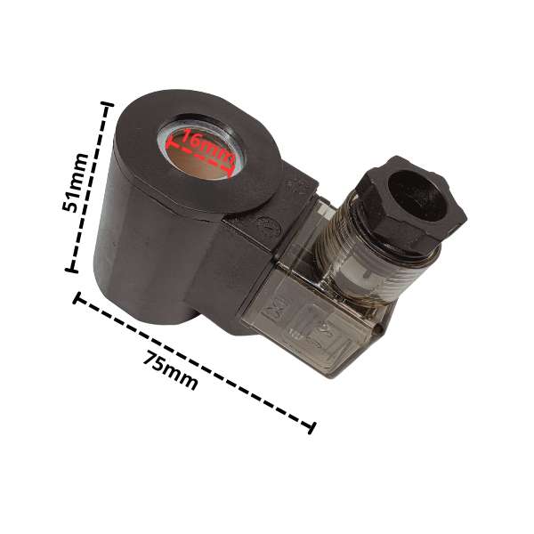 Cewka elektromagnetyczna 16mm / 24V DC – wymiary: 75 mm długości, 51 mm wysokości, otwór 16 mm