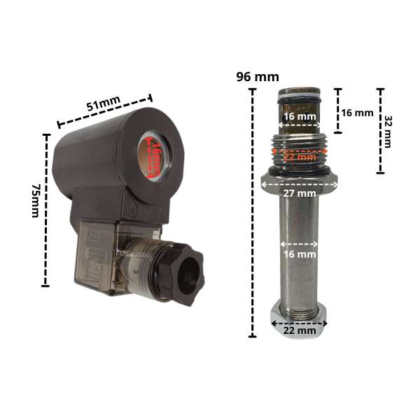Cewka elektromagnetyczna z zaworem opuszczania 16mm / 24V DC – wymiary elementu