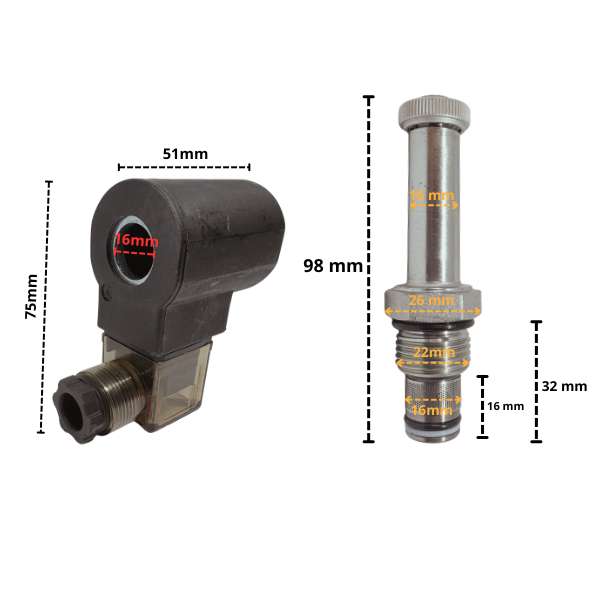 Cewka elektromagnetyczna z zaworem opuszczania 220V AC / 16mm – wymiary elementu