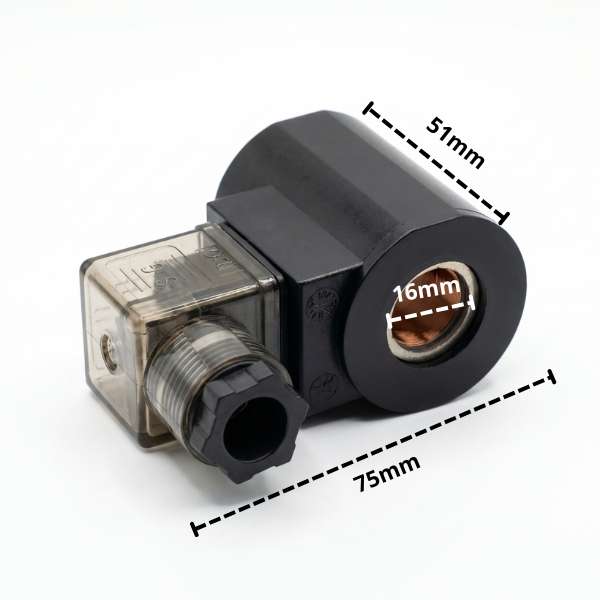 Cewka elektromagnetyczna 16mm / 24V DC – wymiary: 75 mm długości, 51 mm wysokości, otwór 16 mm