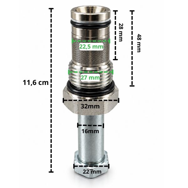 Lowering valve for 16 mm / G27 mm solenoid coil - dimensions