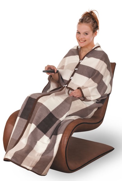 Ponczo kocobluza koc polarowy zapinany narzutka kołdra pled w kratę 2w1