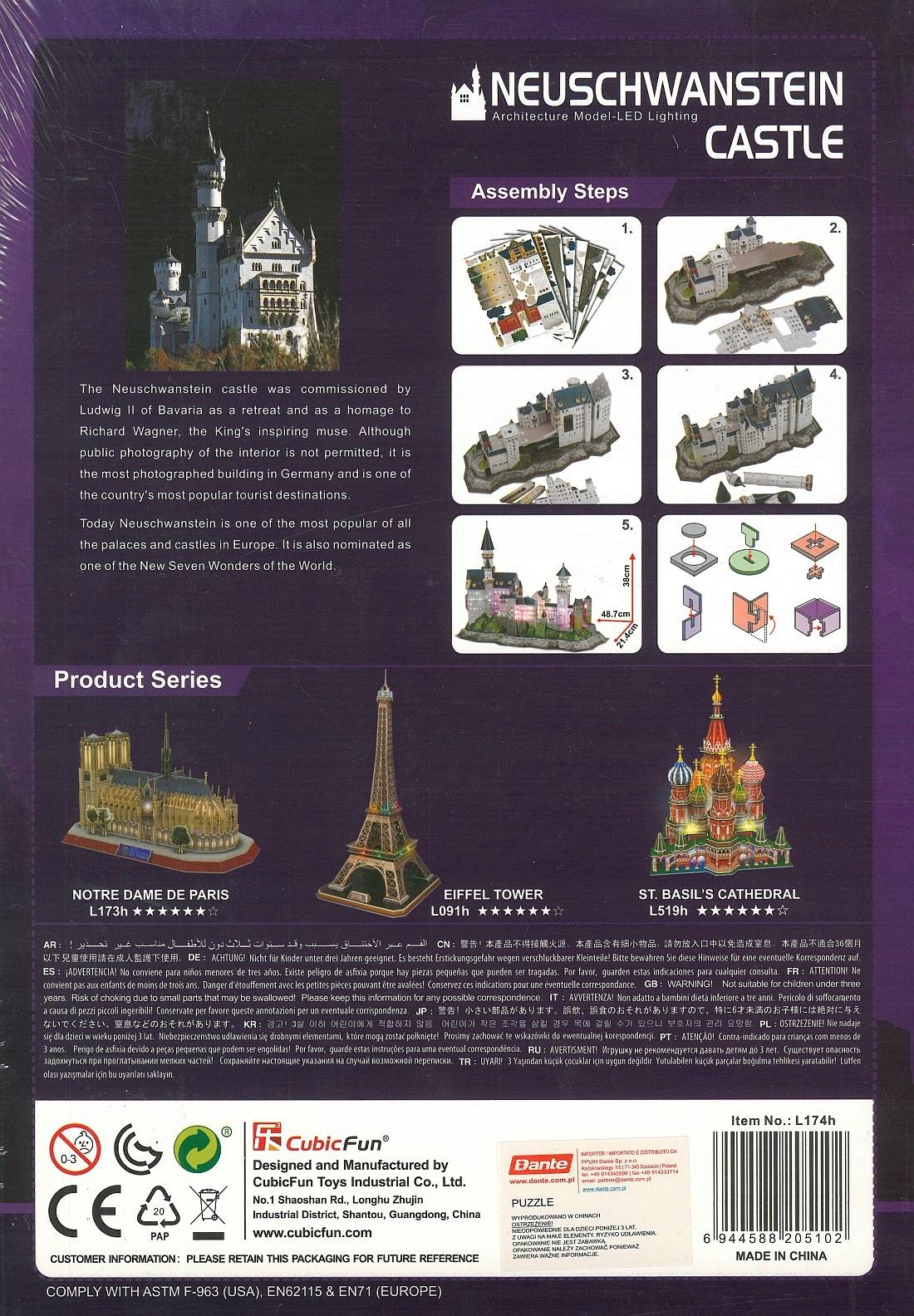 CUBIC FUN Puzzle 3D LED ZAMEK NEUSCHWANSTEIN CASTLE L174 128 elementów