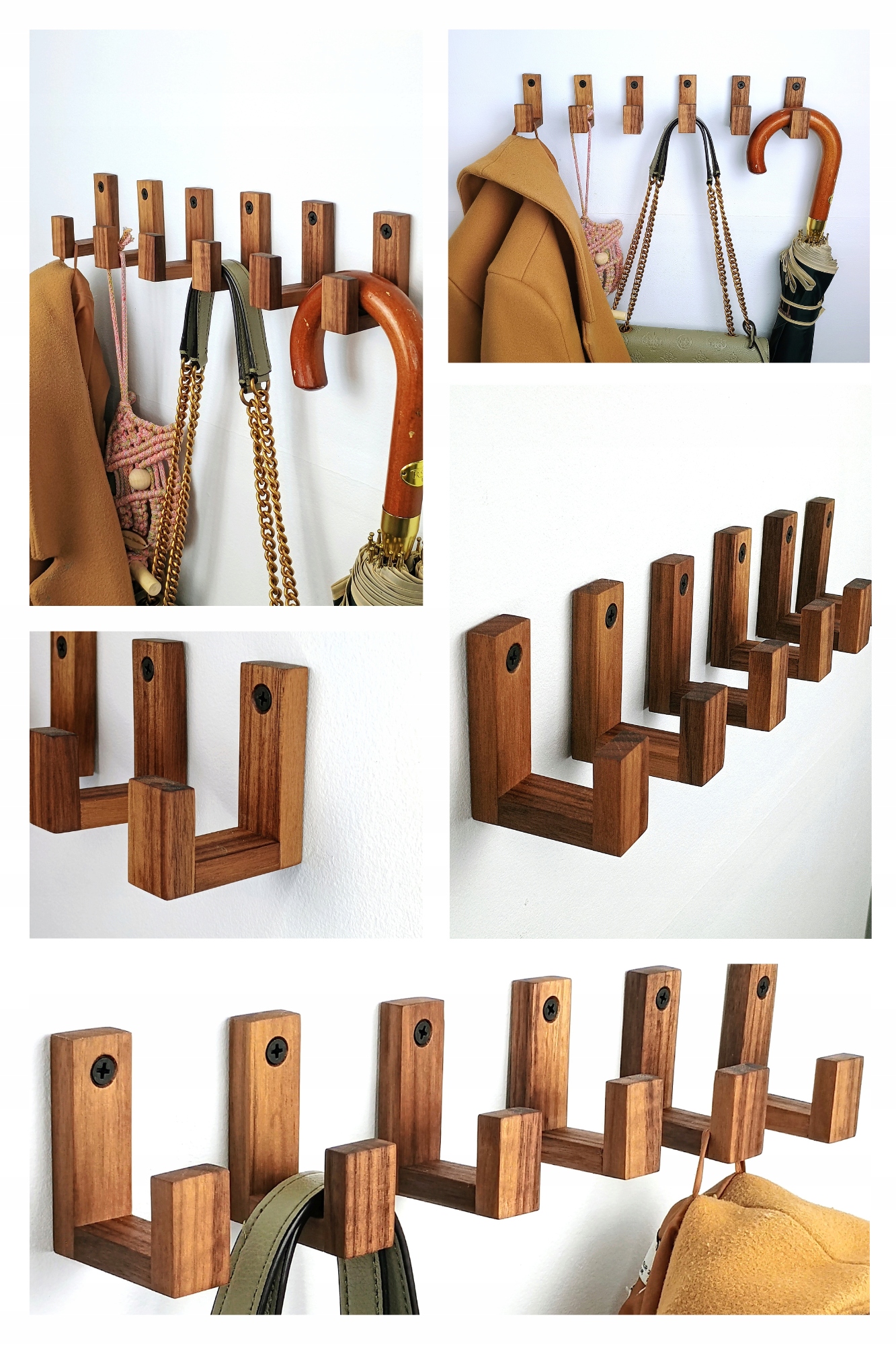 Wieszak Scienny do Przedpokoju Drewniany Łazienkowy Haczyk Brązowe Orzech