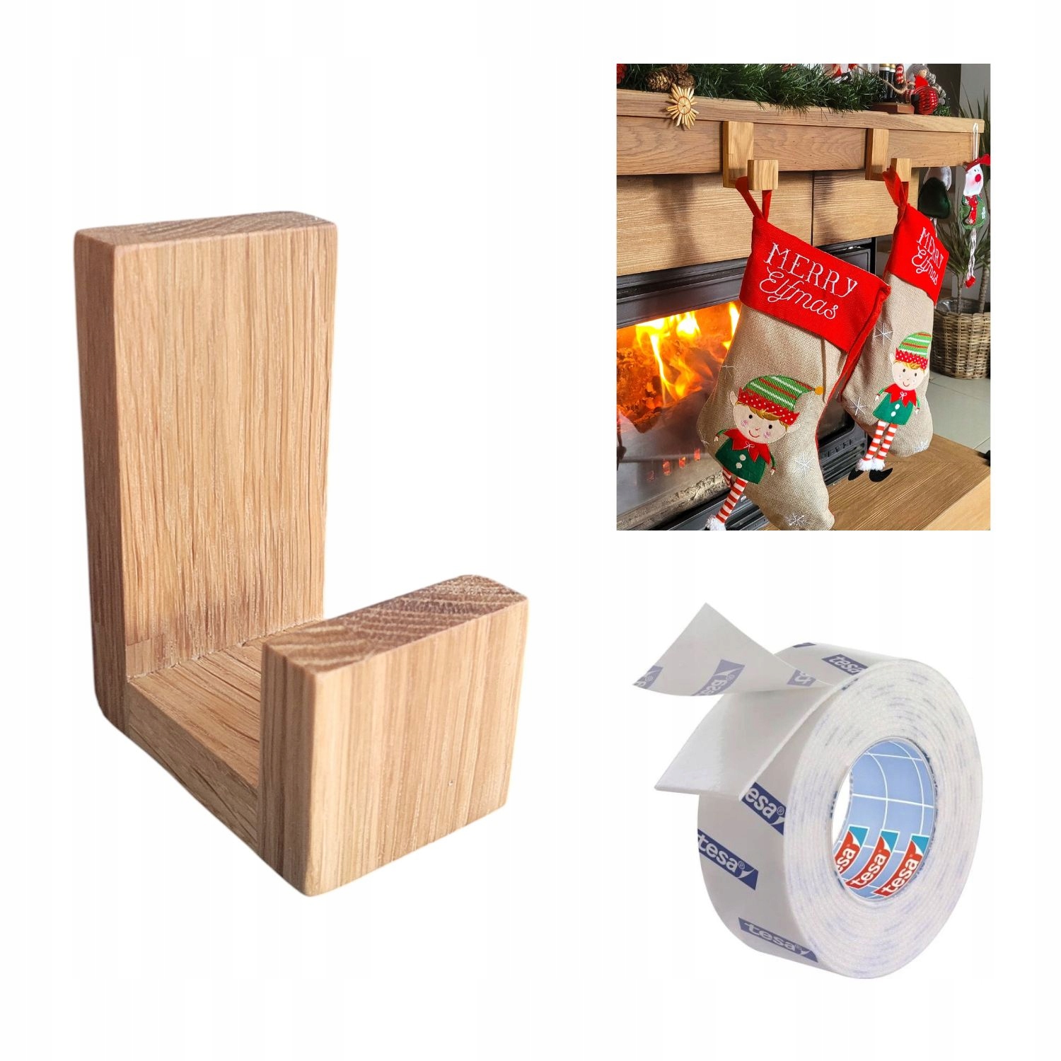 Drewniany Wieszak Samoprzylepny na Skarpety Prezenty Kominek Dębowy Haczyk