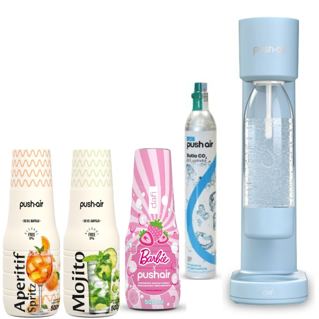 PUSHAIR Dafi výrobník perlivé vody lazur + CO2 kazeta + láhev 0,7 l + 3 sirupy Dafi