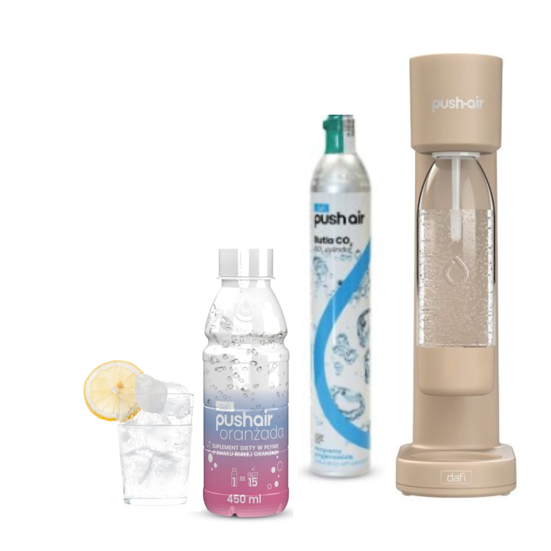 PUSHAIR Dafi Saturateur d'eau CAPPUCCINO + Cartouche de CO2 + Bouteille 0,7 L + Sirop Soda Blanc Orange 450 ml