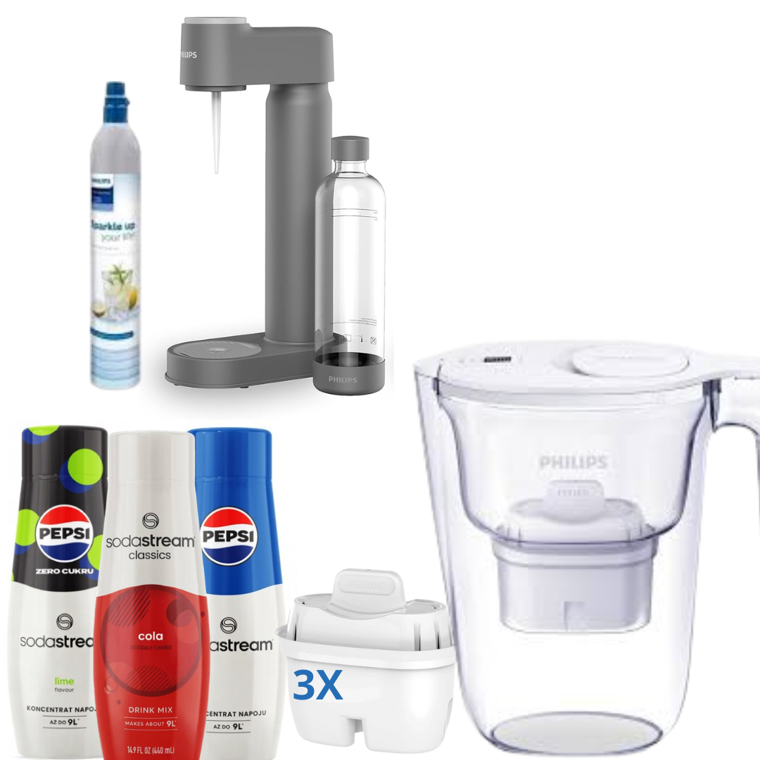 Philips Lite Soda Maker with CO2 Cartridge, Grey + 3 Syrups + Philips Water Filter Jug, White