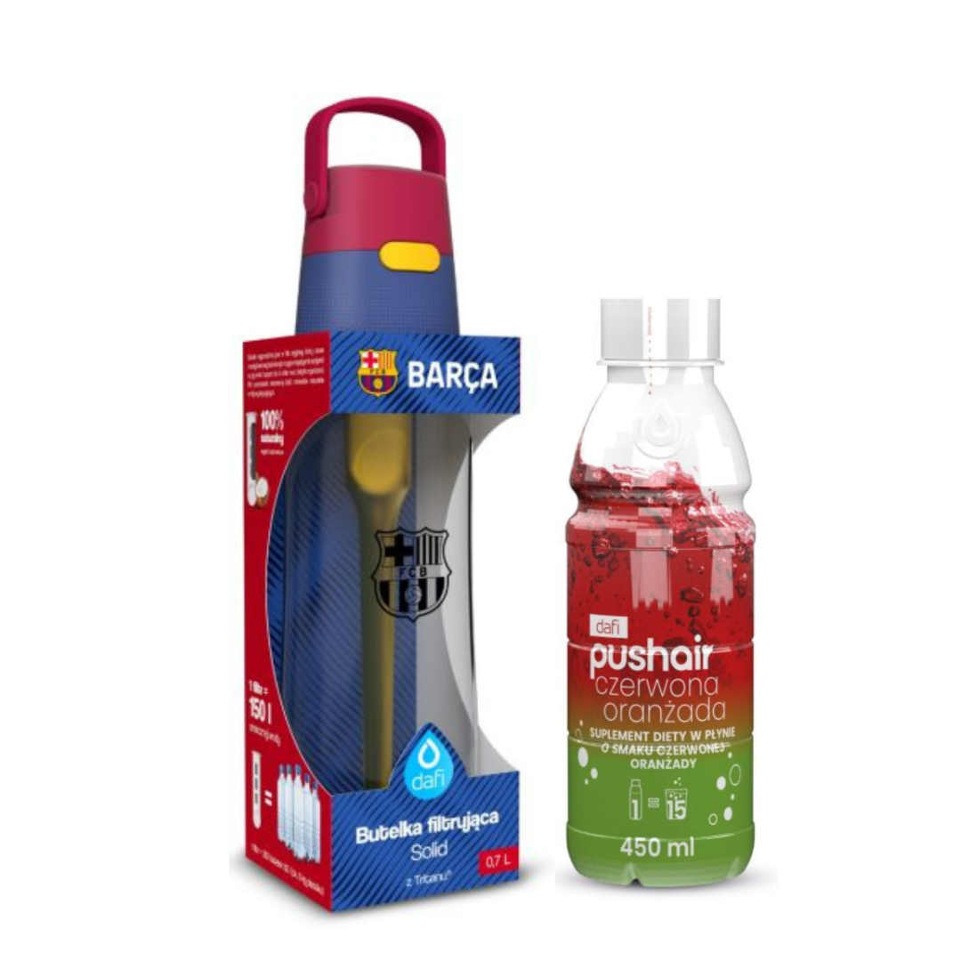 Bouteille filtrante Dafi Solid 0,7 FC Barcelona + sirop Orangeade rouge
