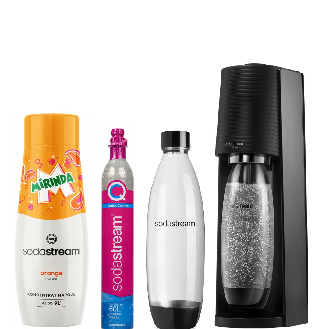 SodaStream Set Saturator Terra Black + 2 Fuse Bottles 1L + MIRINDA Syrup