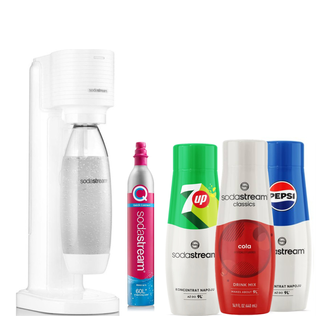GAIA White Sparkling Water Maker + SodaStream 3 Syrups