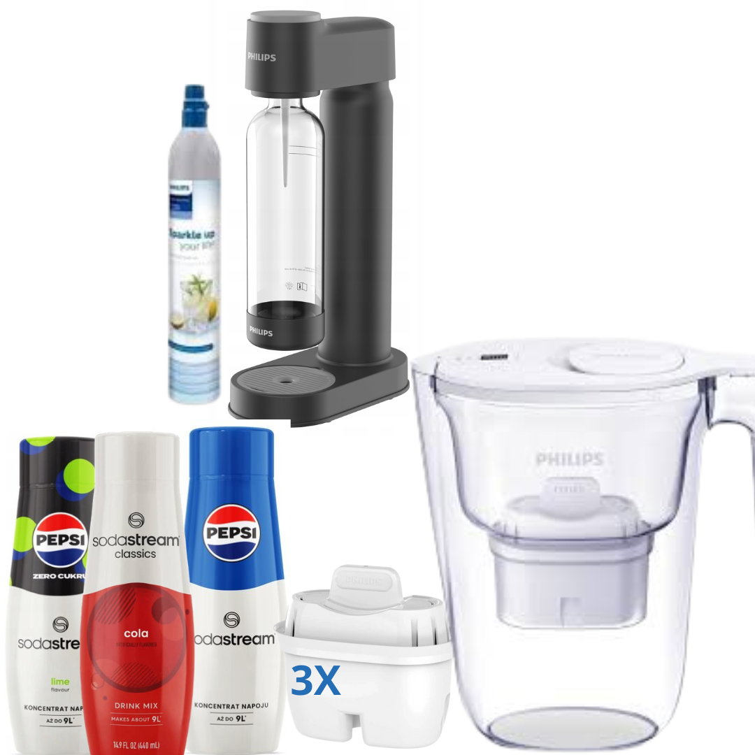 3x Syrups +Philips Soda Maker, with CO Cartridge +  Philips Water Filter Jug