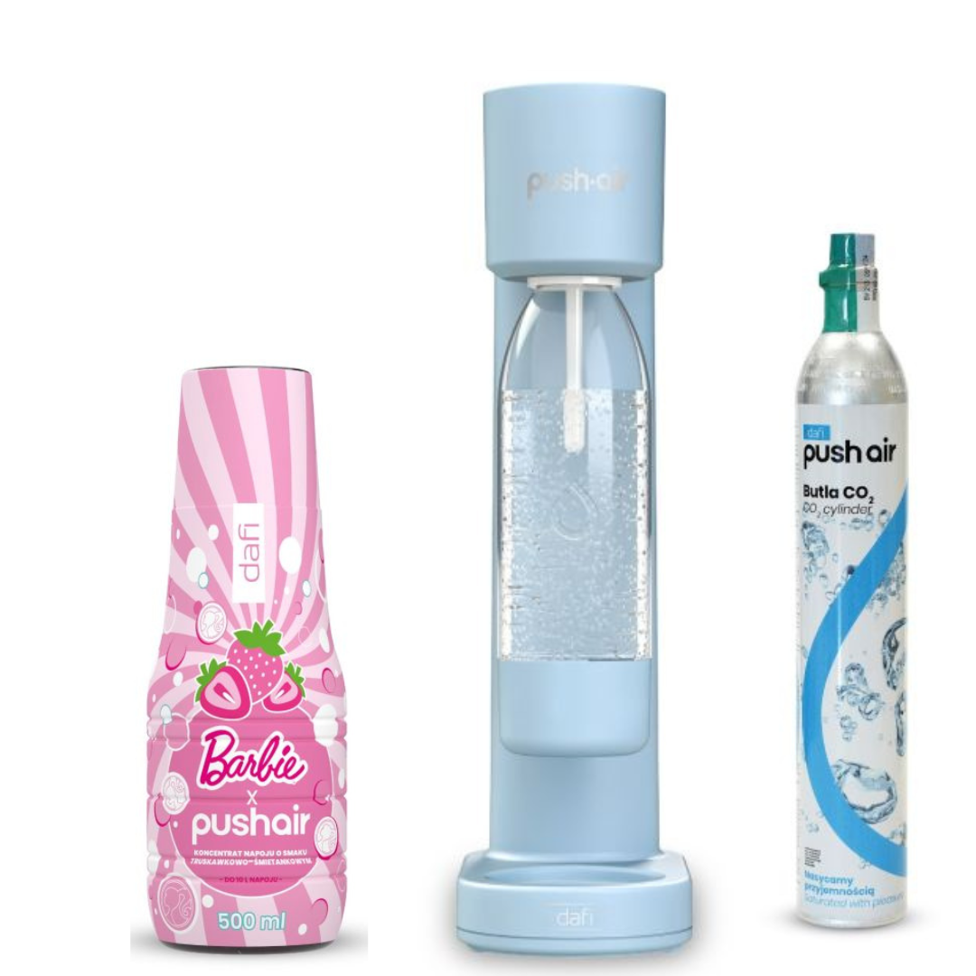 PUSHAIR Dafi saturátor na vodu Lazur + CO kazeta + láhev 0,7 l + PUSHAIR BARBIE Sirup na vodu 500 ml