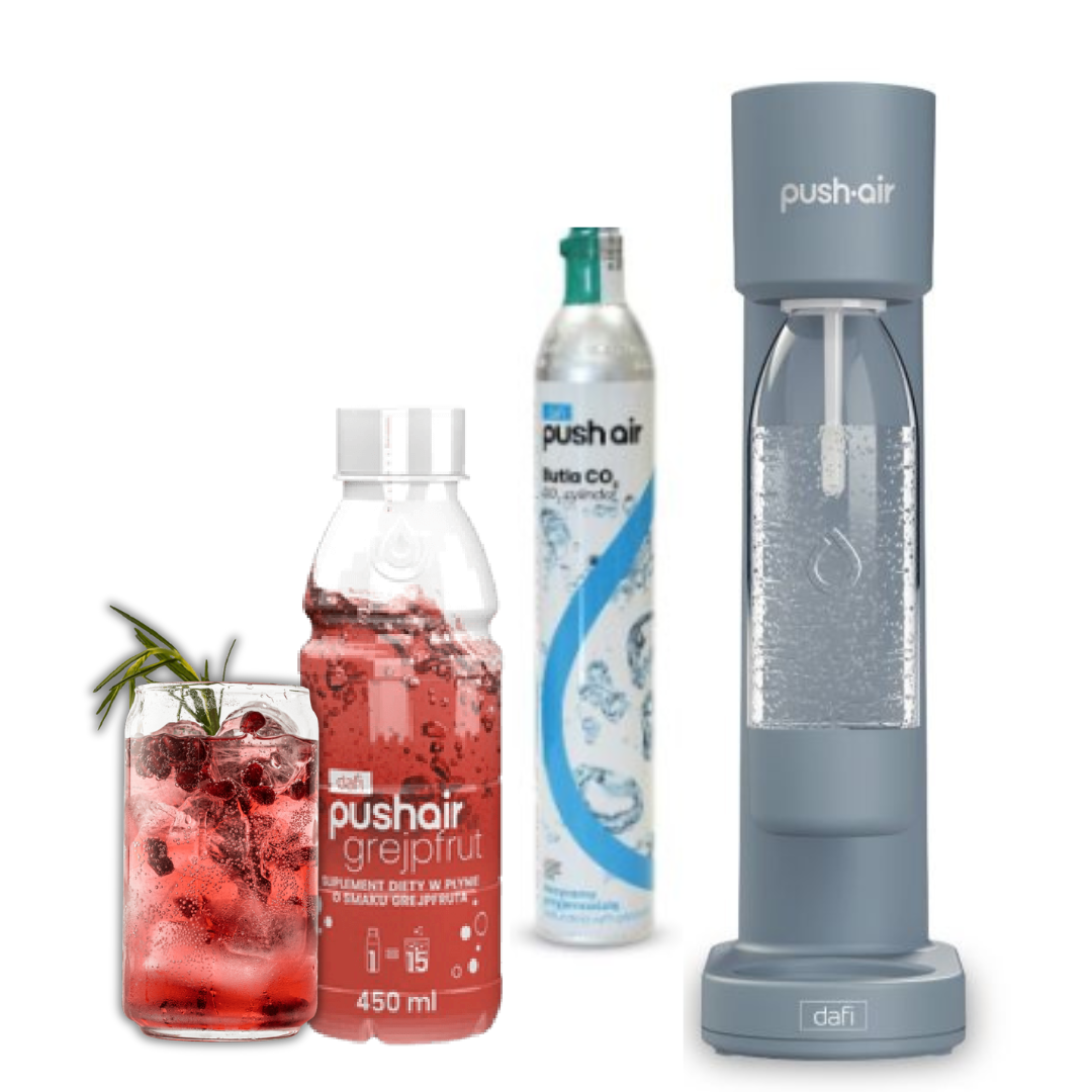 PUSHAIR Dafi saturateur d'eau en acier + cartouche de CO₂ + bouteille de 0,7 l + sirop pamplemousse 450 ml