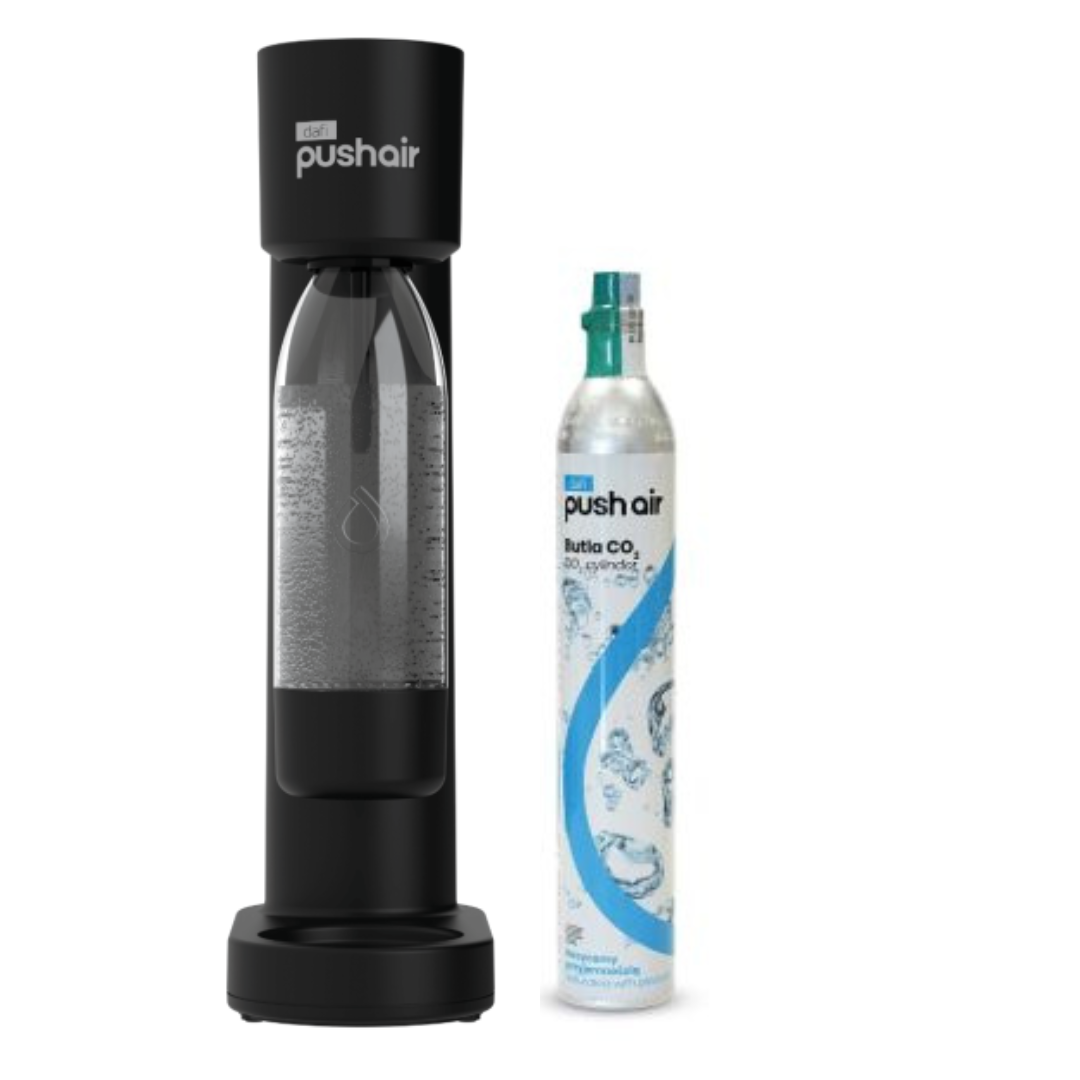 PUSHAIR Dafi Saturateur d'Eau Noir + Cartouche CO₂ + Bouteille 0,7 L + Sirop Soda Orange Blanche 450 ml