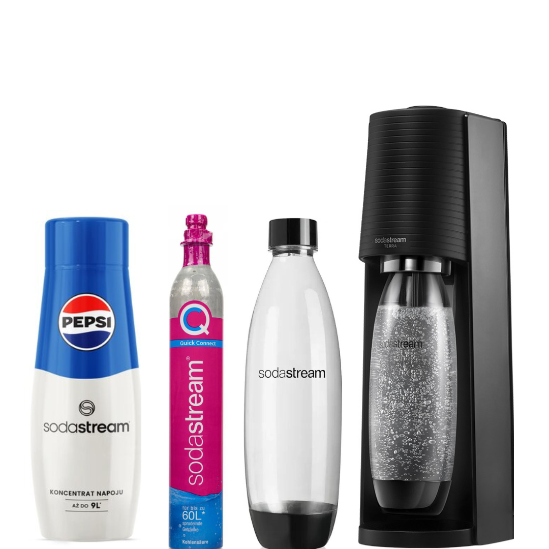 SodaStream Set Saturator Terra Black + 2 Fuse Bottles 1L + PEPSI Syrup