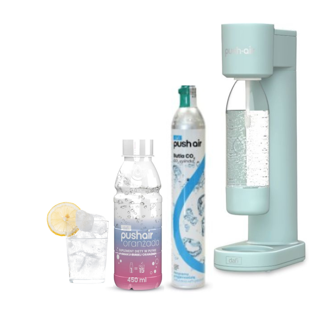 PUSHAIR Dafi Saturateur d’eau MENTHE + Cartouche de CO2 + Bouteille 0,7 L + Sirop Soda Blanc Orange 450 ml