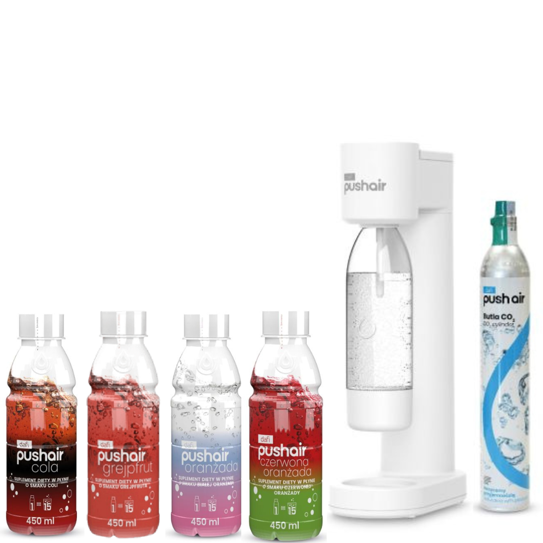 Saturateur PushAir Dafi Blanc avec Cartouche + Bouteille 0.7 L + 4 Sirops