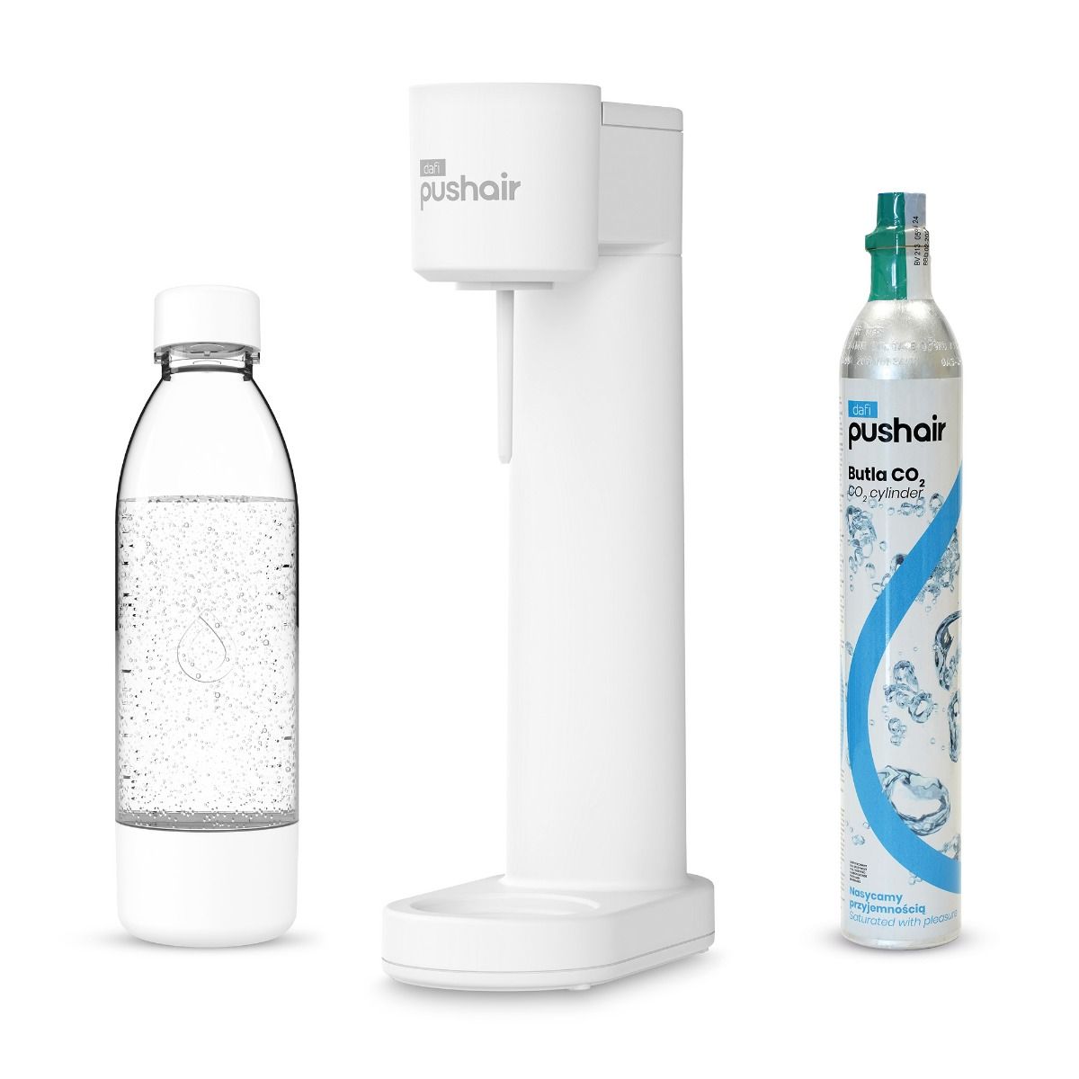 Saturateur d'eau Dafi PUSHAIR blanc avec siphon + cartouche de CO2 + bouteille de 0,7 L.