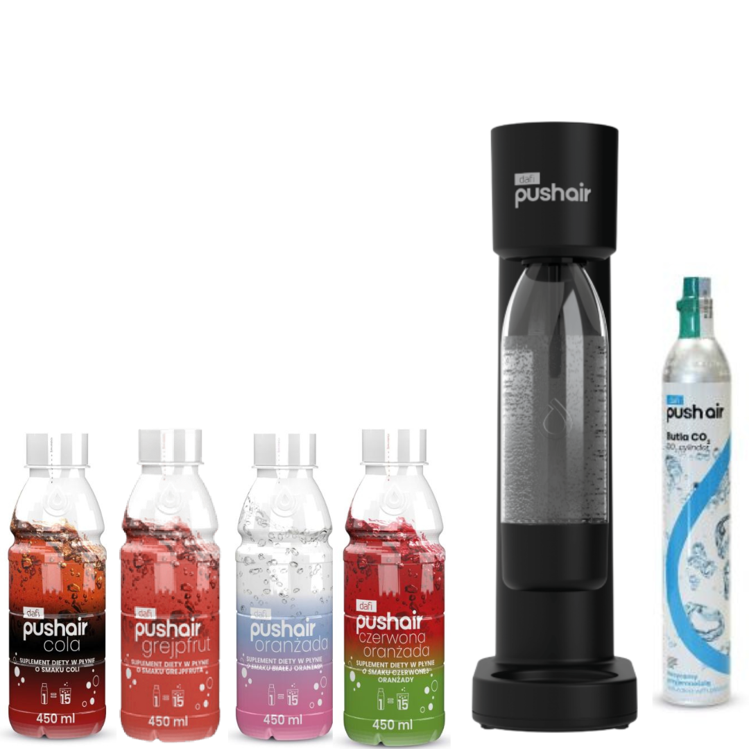 Saturateur PushAir Dafi Noir + Cartouche + Bouteille 0,7 L + 4 Sirops
