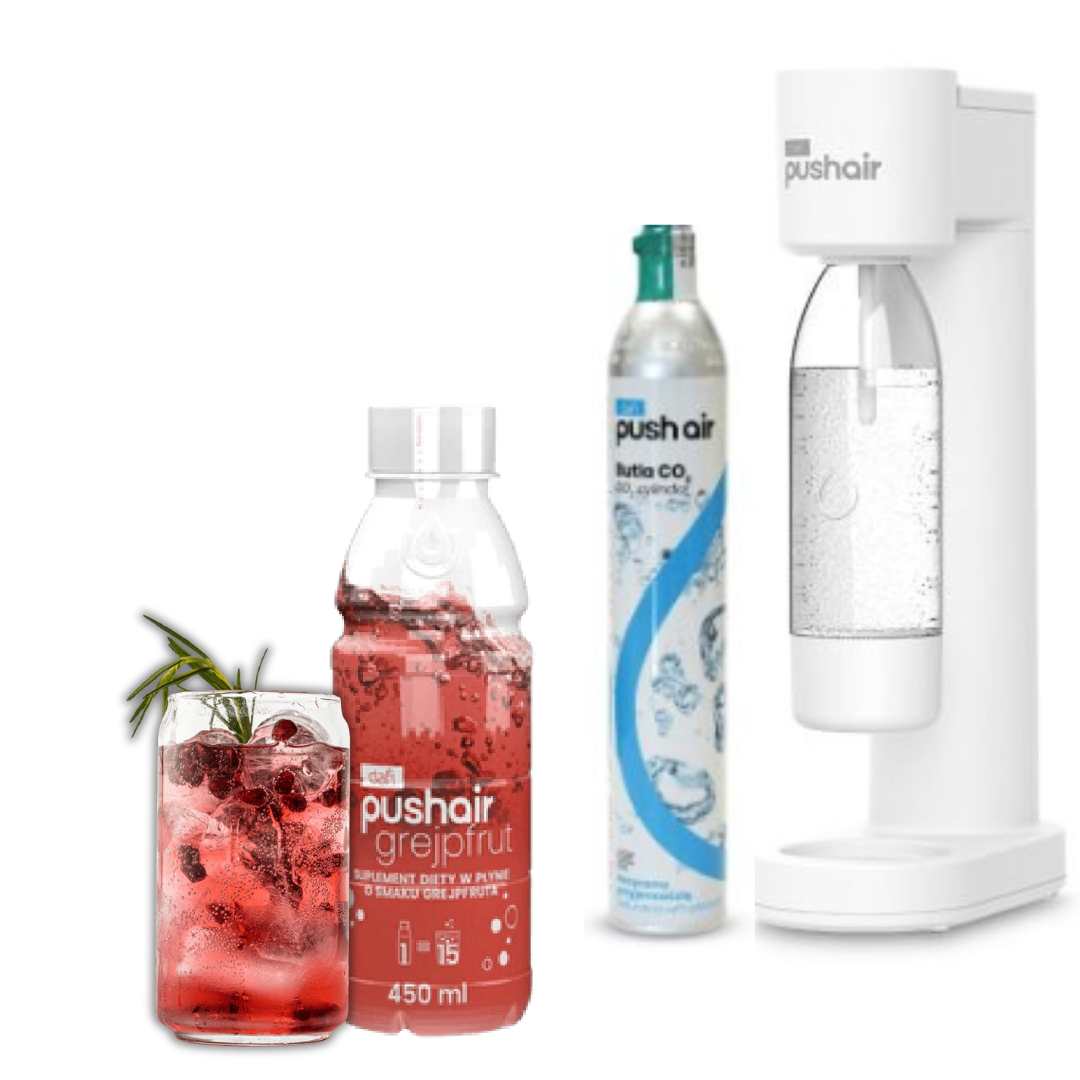 PUSHAIR Dafi saturateur d'eau BLANC + cartouche CO₂ + bouteille 0,7 L + sirop pamplemousse 450 ml