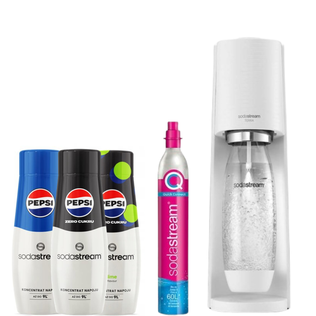 SodaStream Terra White Soda Maker + 3 x Siropes