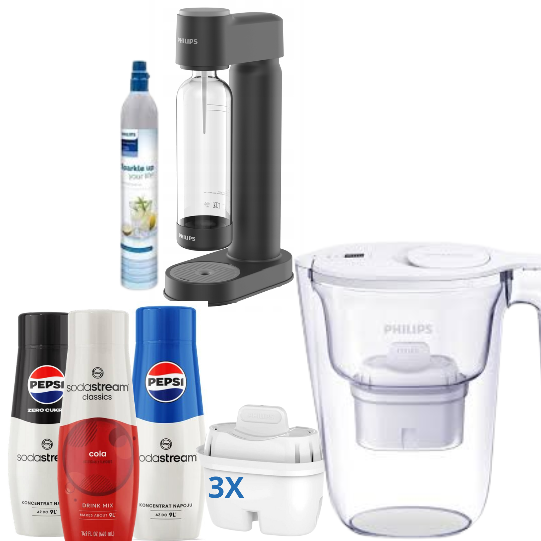 Philips Water Filter Jug +Philips Soda Maker, with CO Cartridge + 3x Syrups