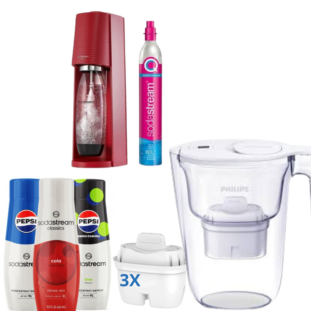 3 x Syrups +Terra Red Soda Maker +  Philips Water Filter Jug