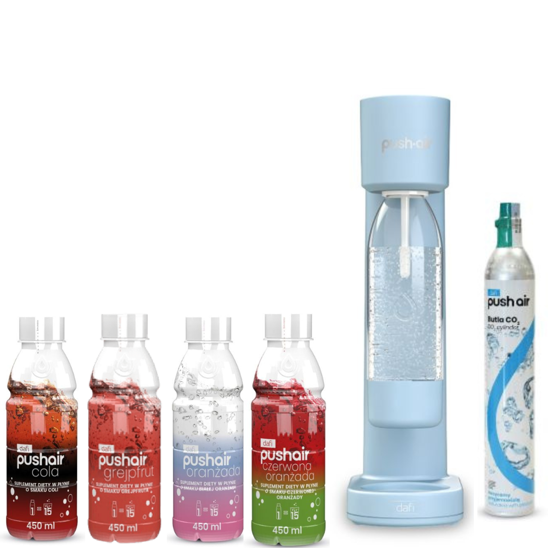 Saturateur d'eau PUSHAIR Dafi azure + cartouche CO2 + bouteille 0,7 L + 4 x sirops