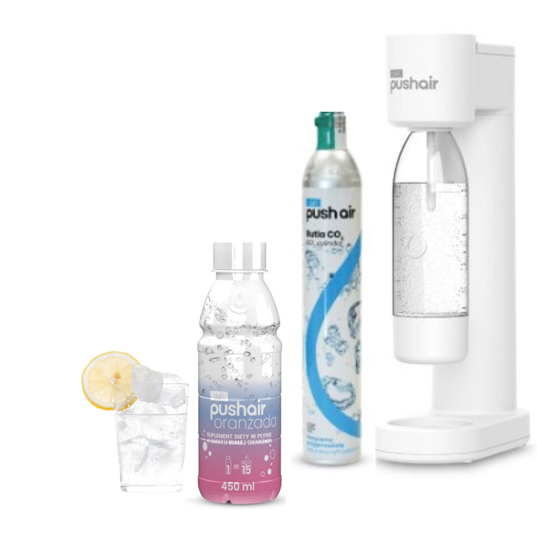 PUSHAIR Dafi saturateur d'eau BLANC + cartouche CO₂ + bouteille 0,7 L + sirop soda orange blanche 450 ml