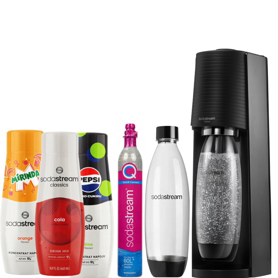SodaStream Set Terra Black + 2 Fuse Bottles 1L+3 X Syrups