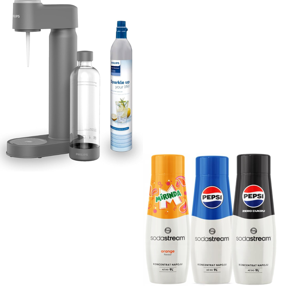 3 x sirops + Philips Lite Soda Maker, avec cartouche de CO2, Gris